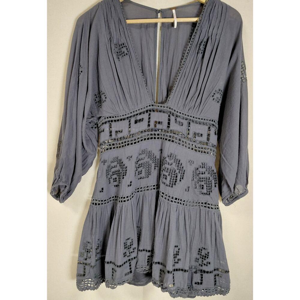 Free People Embroidered Viscose Dress Gray Woven 3/4 Sleeve Short Women Size 6
